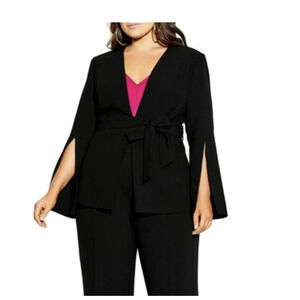City Chic Jacket Black Crepe Magnetic Split Sleeve Belted Plus Size XXL / 24 New